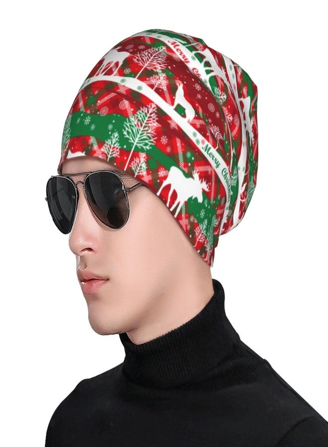 FalePrint Beanie Hat Printed Merry Christmas Tartan Deer Red Grenn Knitted Cap for Men Women,Thin Knit Slouchy Cancer Chemo Unisex Ski Cap Running Headwear Warm Hip Hop Soft Skull Cap - Image 5